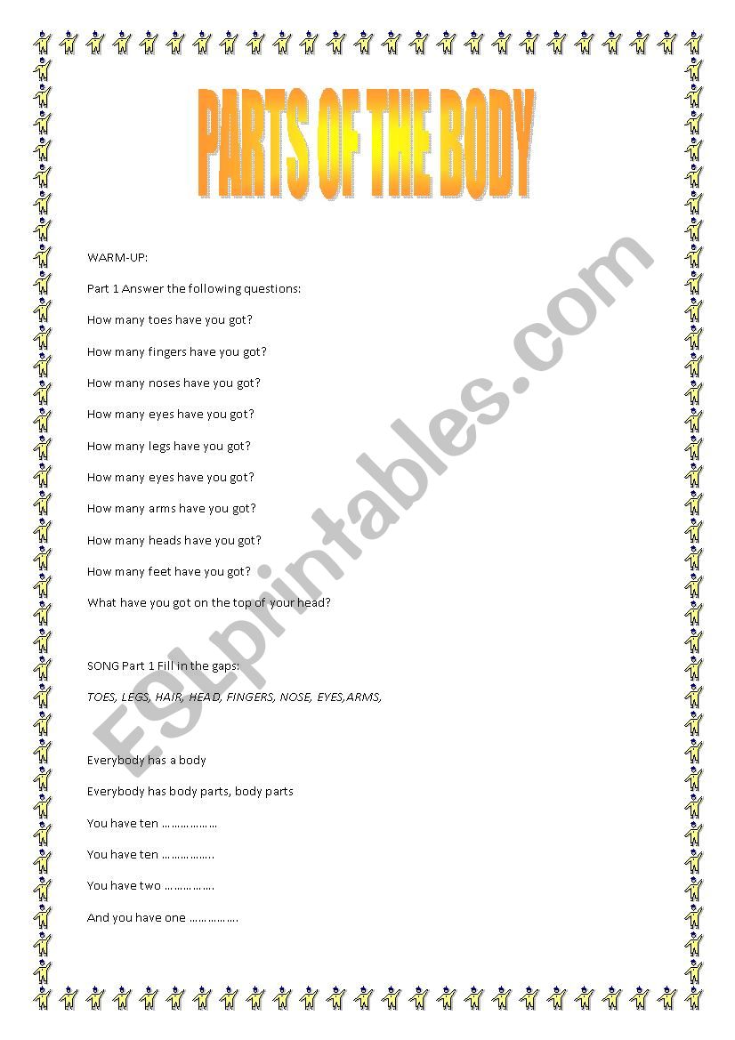 PARTS OF THE BODY- LESSON PLAN AND WORKSHEET TO THE SONG