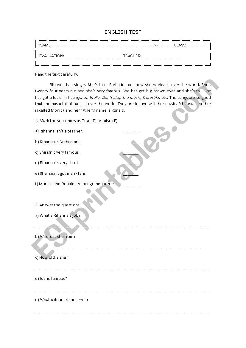 7th grade test worksheet