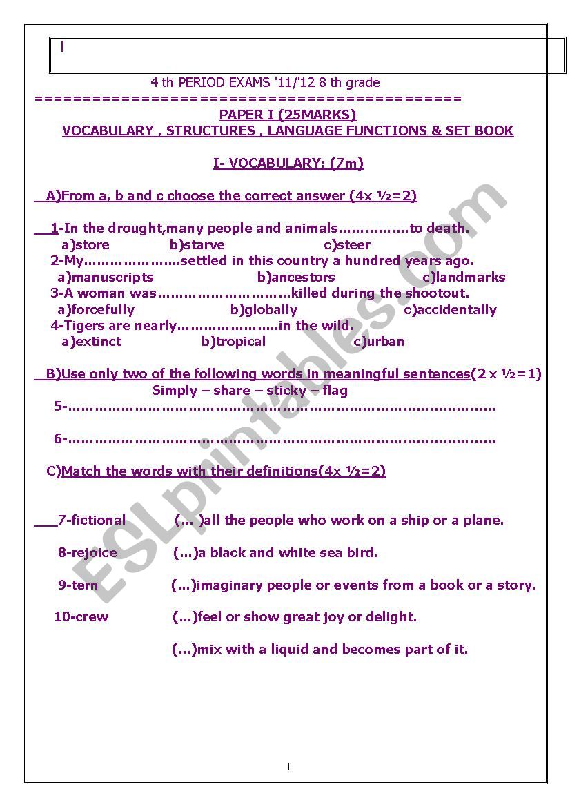 exam reading and writing  worksheet
