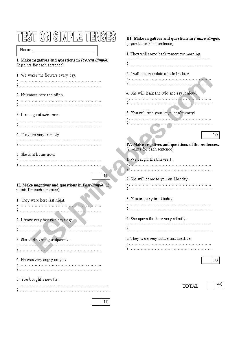 test on simple tenses worksheet