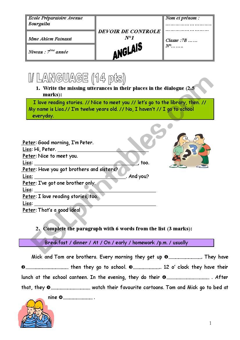 mid term test n°1  worksheet