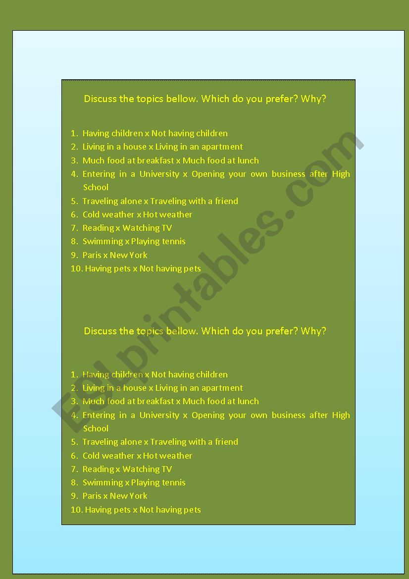 Topics for conversation worksheet