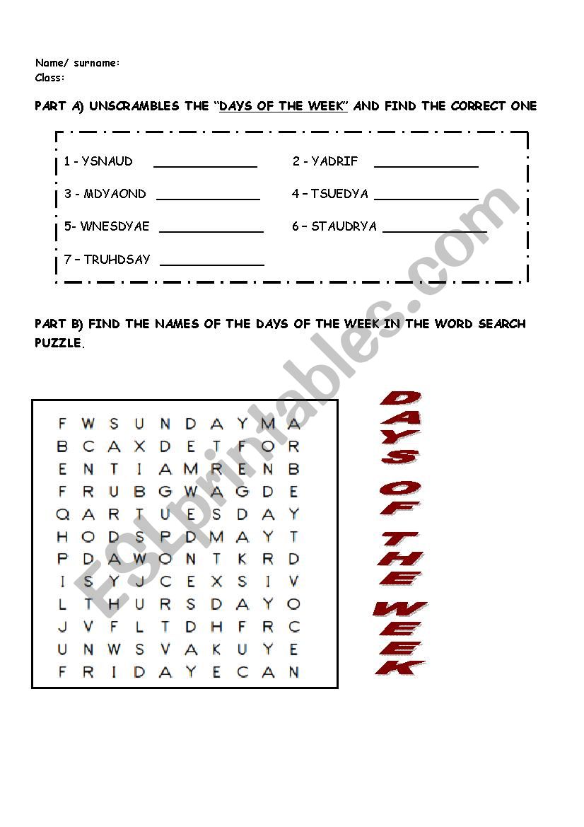 days of the week worksheet