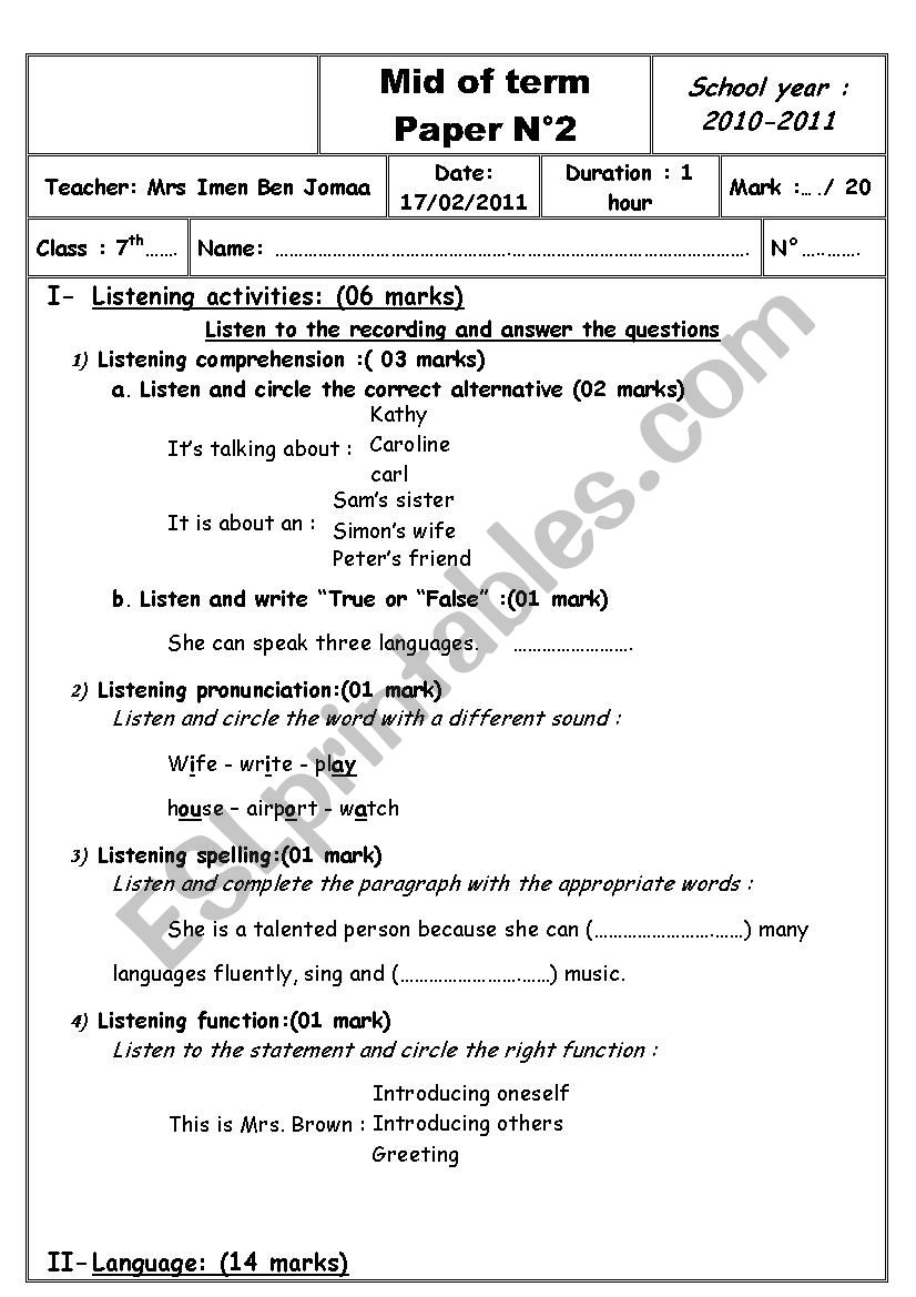 mid of term paper 2 7th forms worksheet