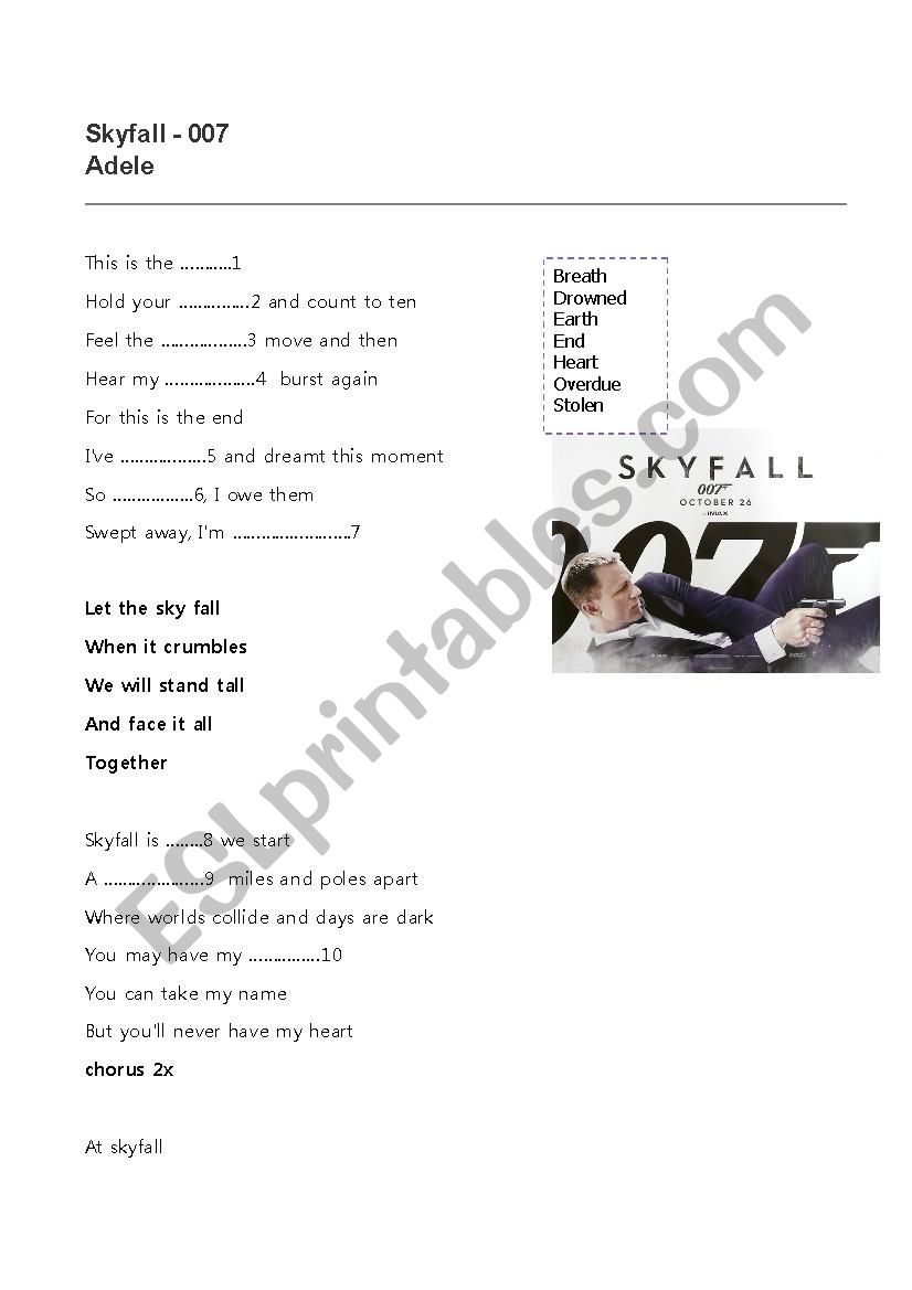 Song Skyfall by Adele worksheet