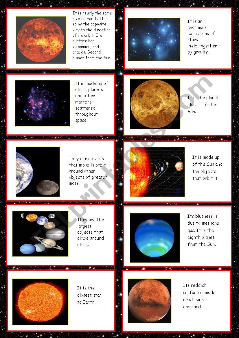 Universe cards worksheet