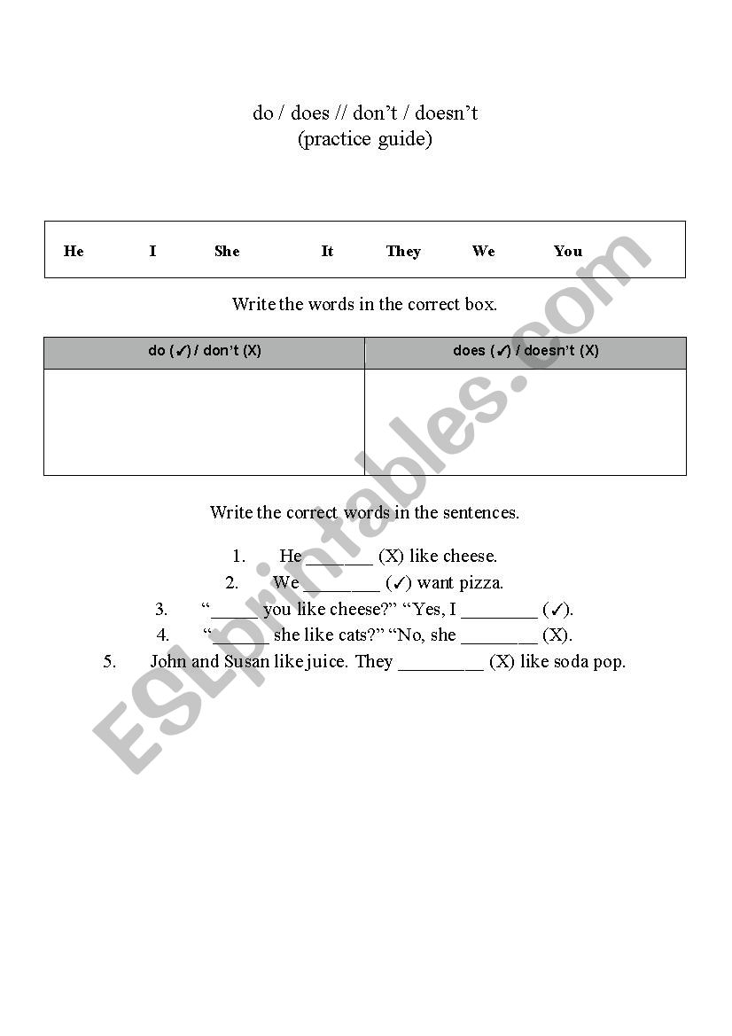Pronoun Agreement - Do/Does Don´t/Doesn´t - ESL worksheet by rdbzeteo