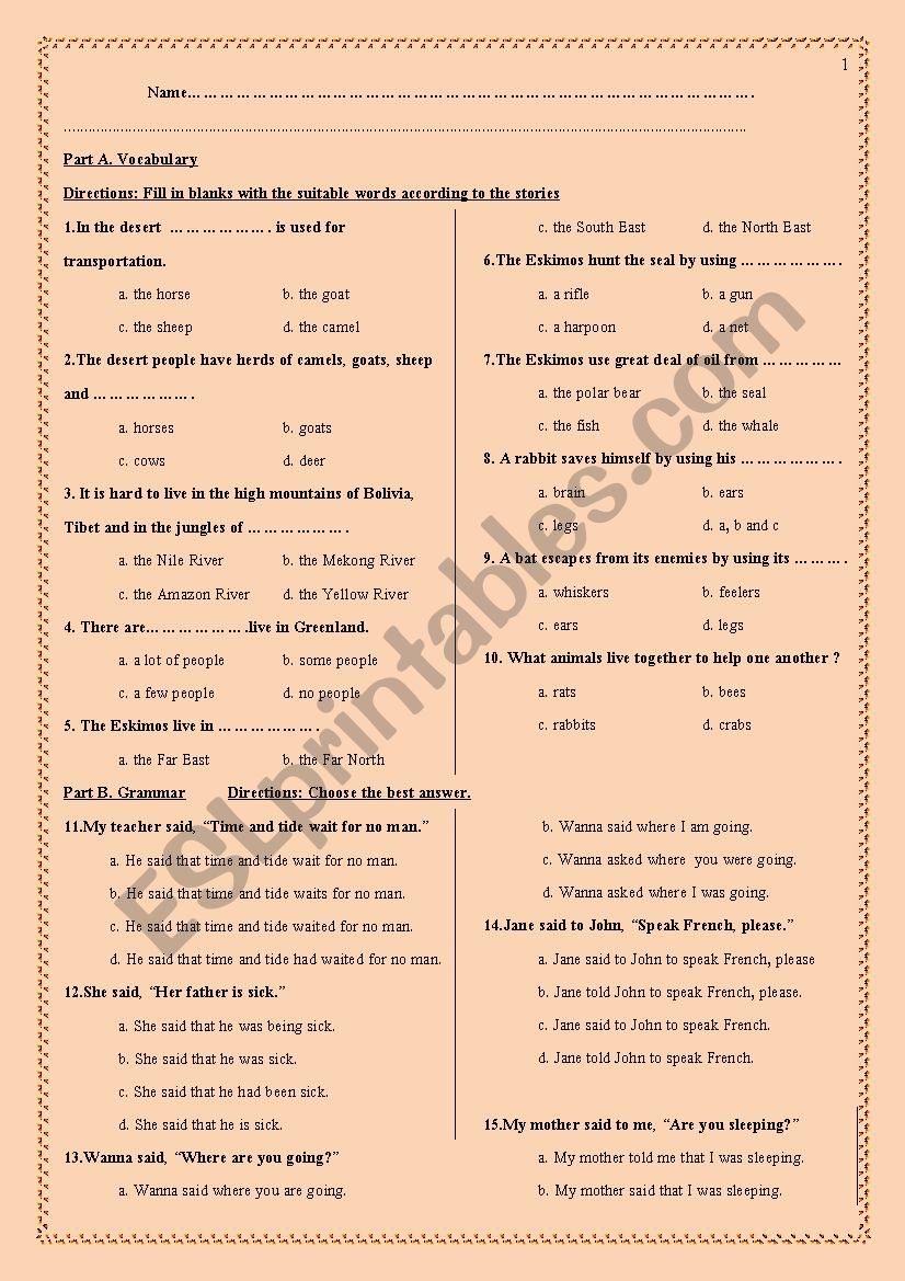 English test worksheet