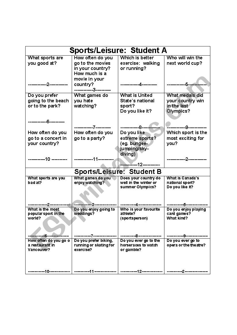 Sports and Leisure Game worksheet