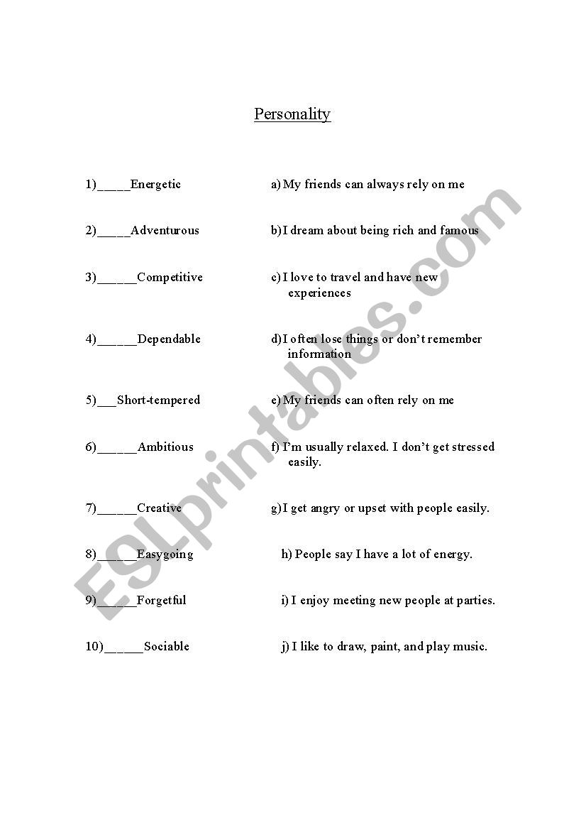 Personality worksheet