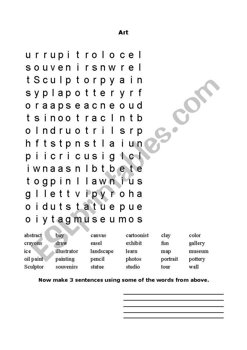 Art word search worksheet