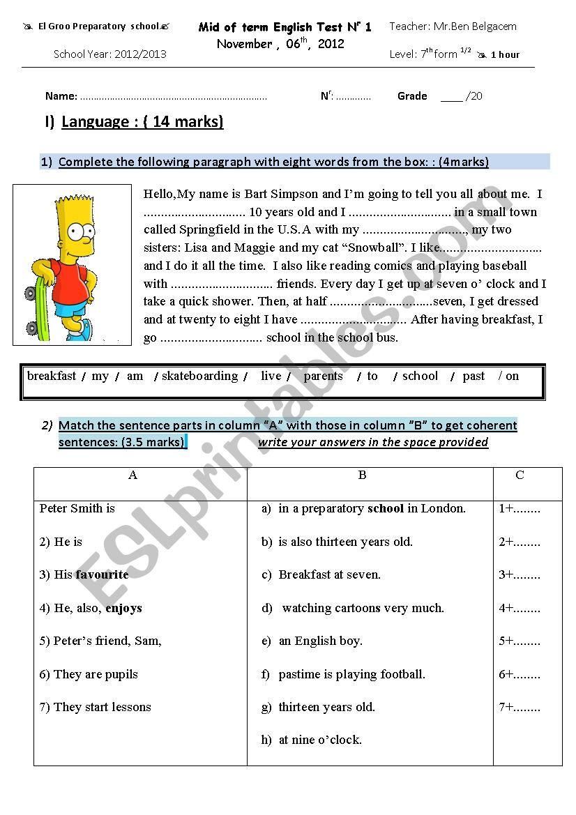 7th form mid of term test 1 worksheet