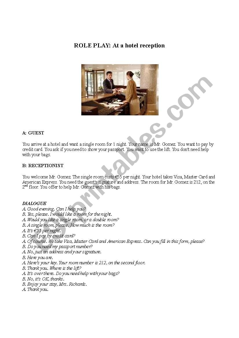 Hotel reception Roleplay worksheet