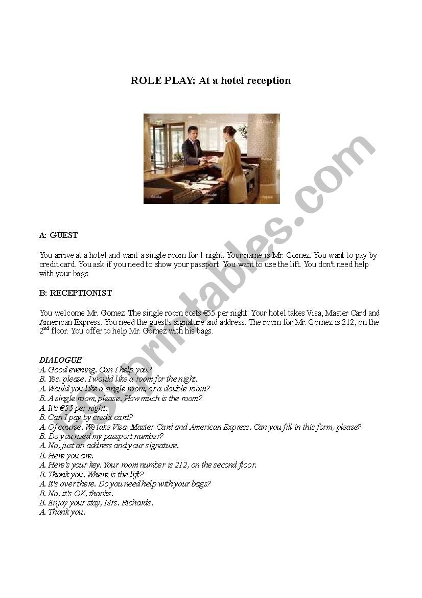 Hotel reception Roleplay worksheet