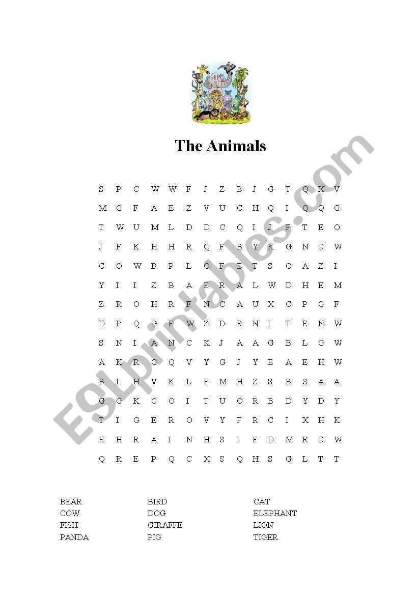 Animals wordsearch worksheet