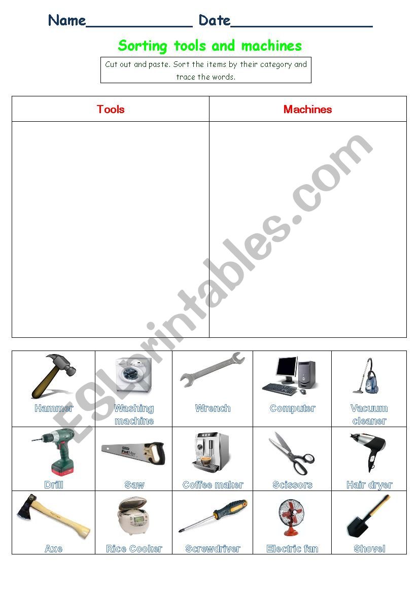 Sorting tools and machines worksheet