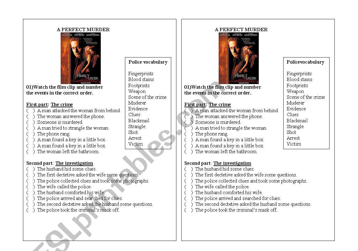 Movie A Perfect Murder worksheet