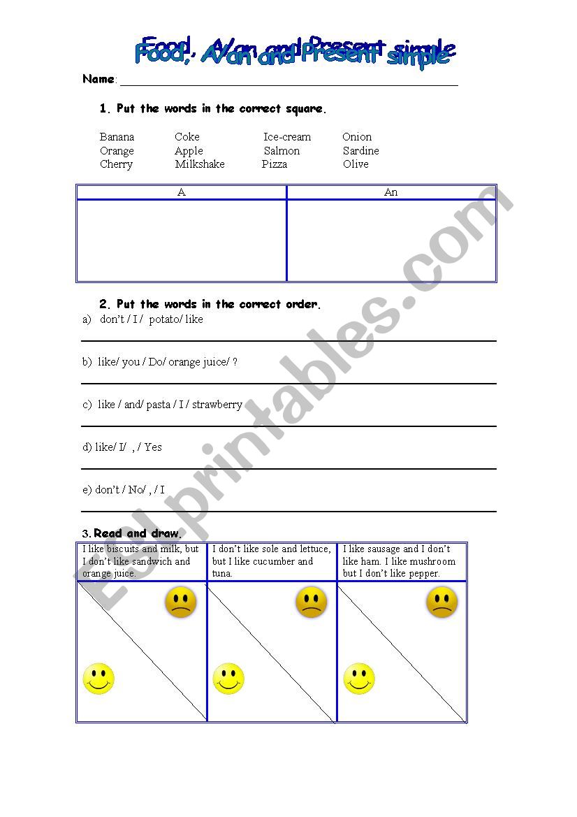 Food, a/an and present simple worksheet