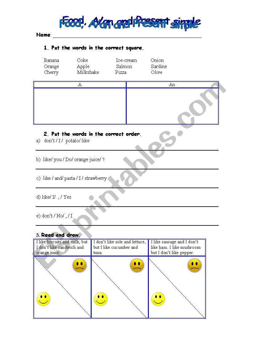 Food, a/an and present simple worksheet