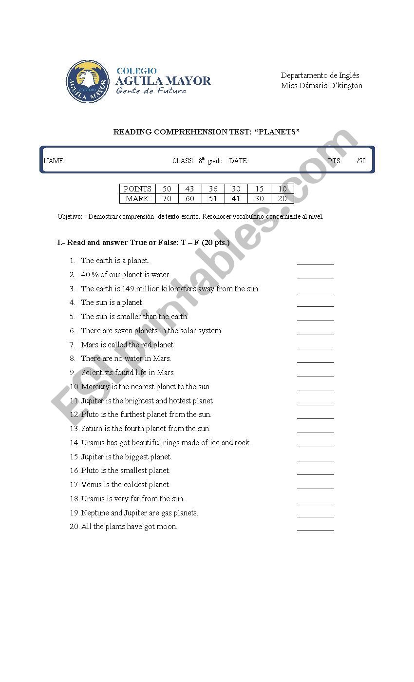 reading comprhension test book planets