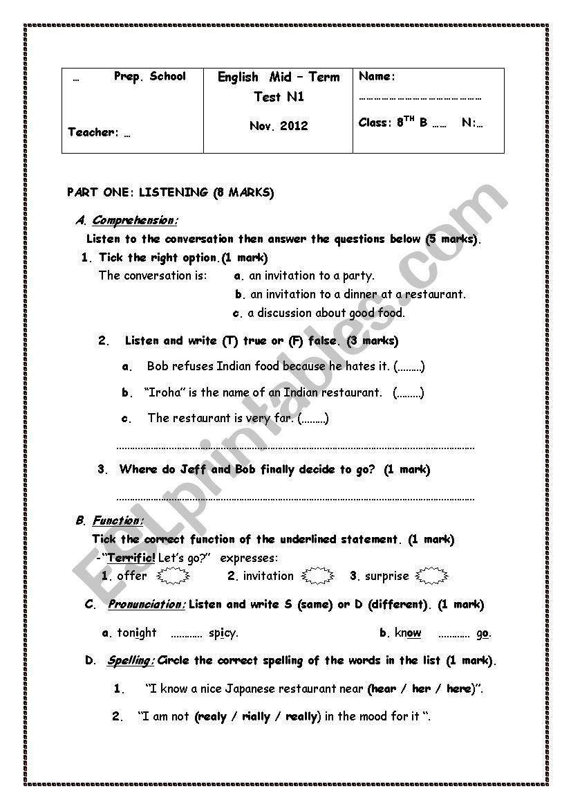 mid- term test n 1 (8 th  basic education)