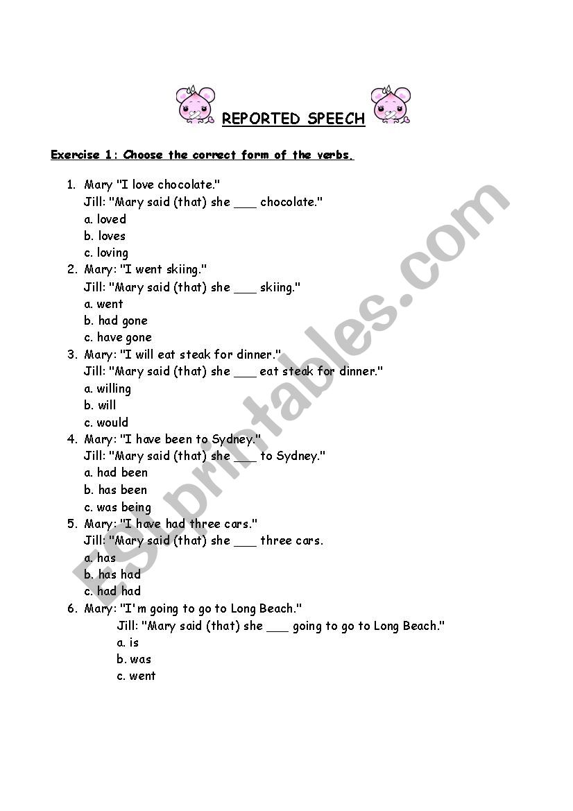 reported speech worksheet