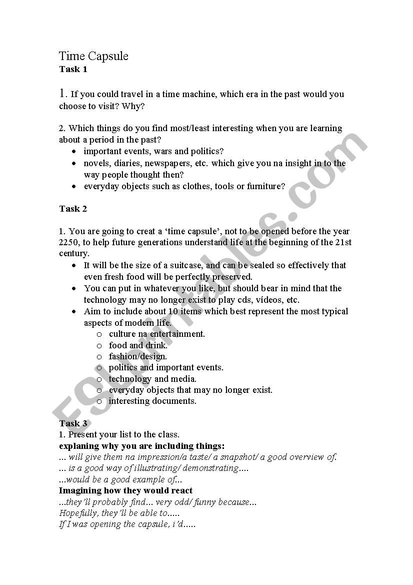 time capsule worksheet