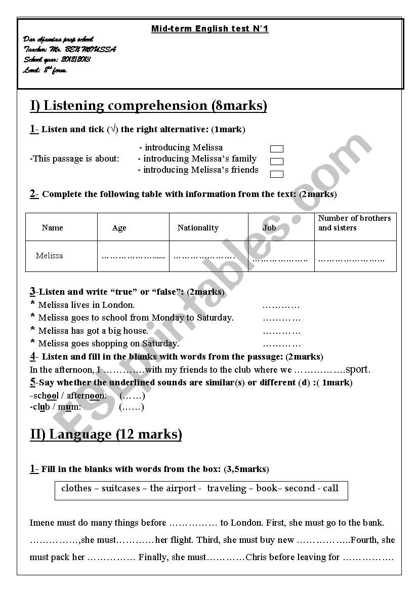 8 th form mid term test n1 worksheet