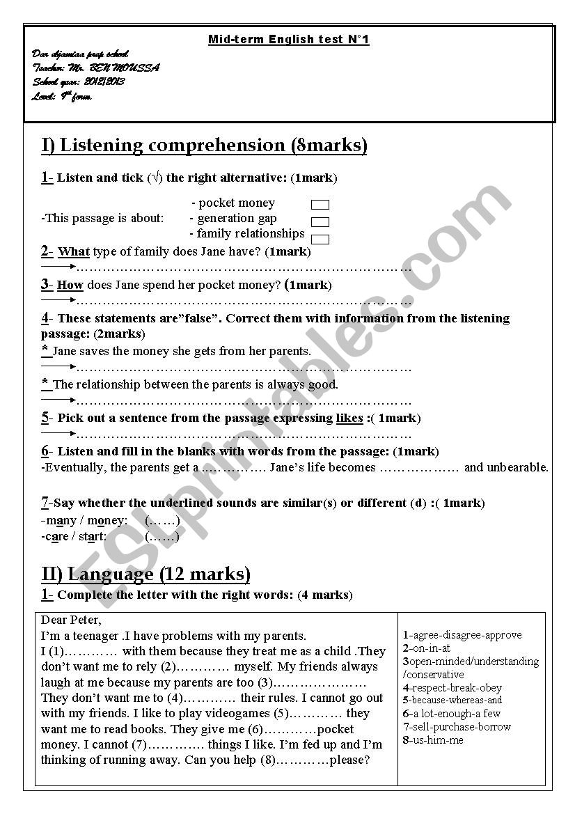 9th year mid term test n1 worksheet