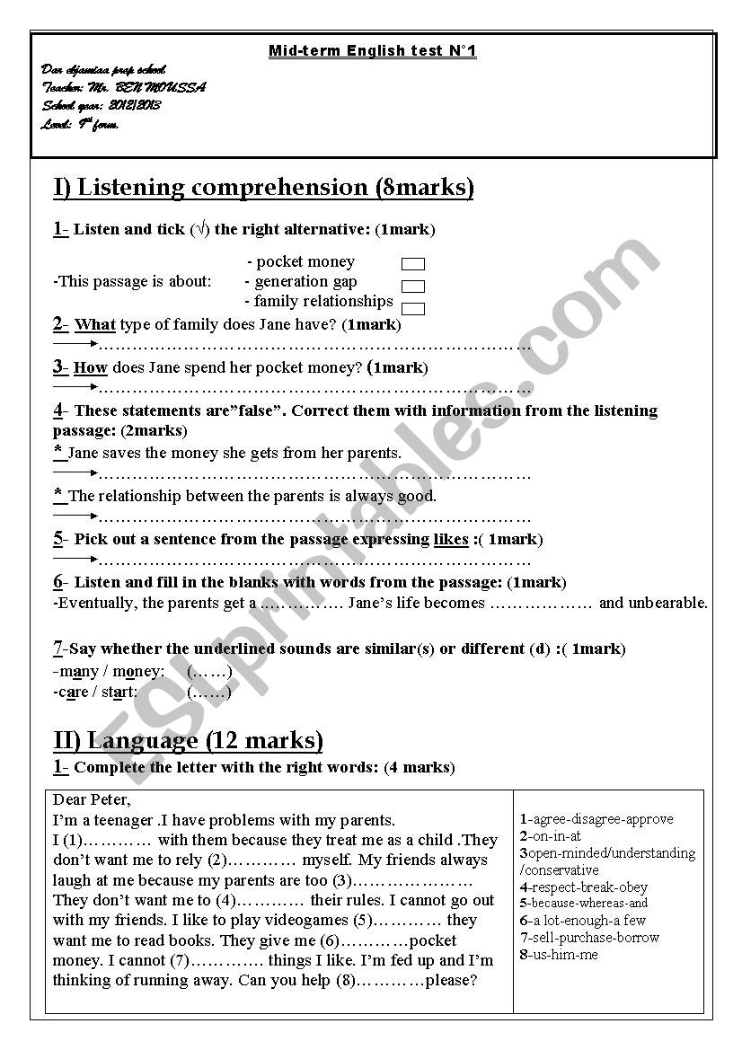 9th year mid term test n1 worksheet
