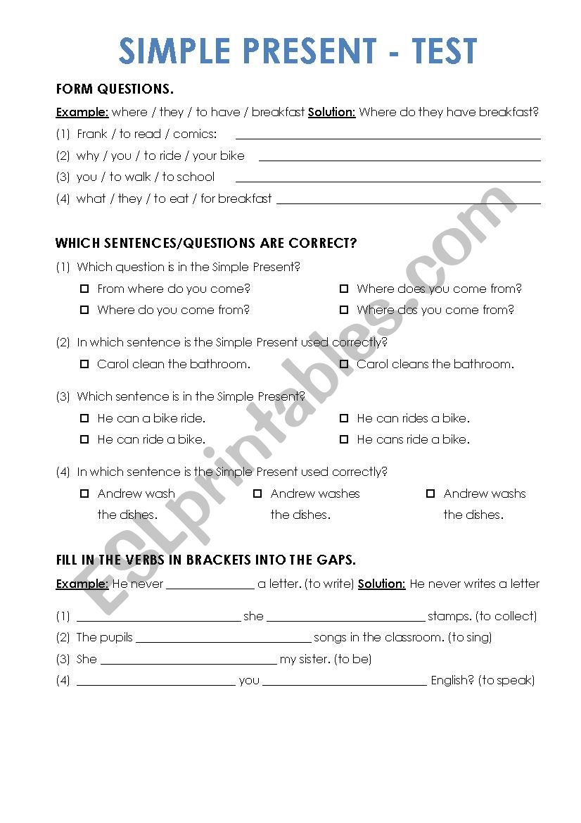 Simple present - test worksheet