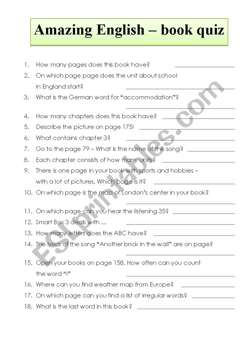 english book quiz worksheet