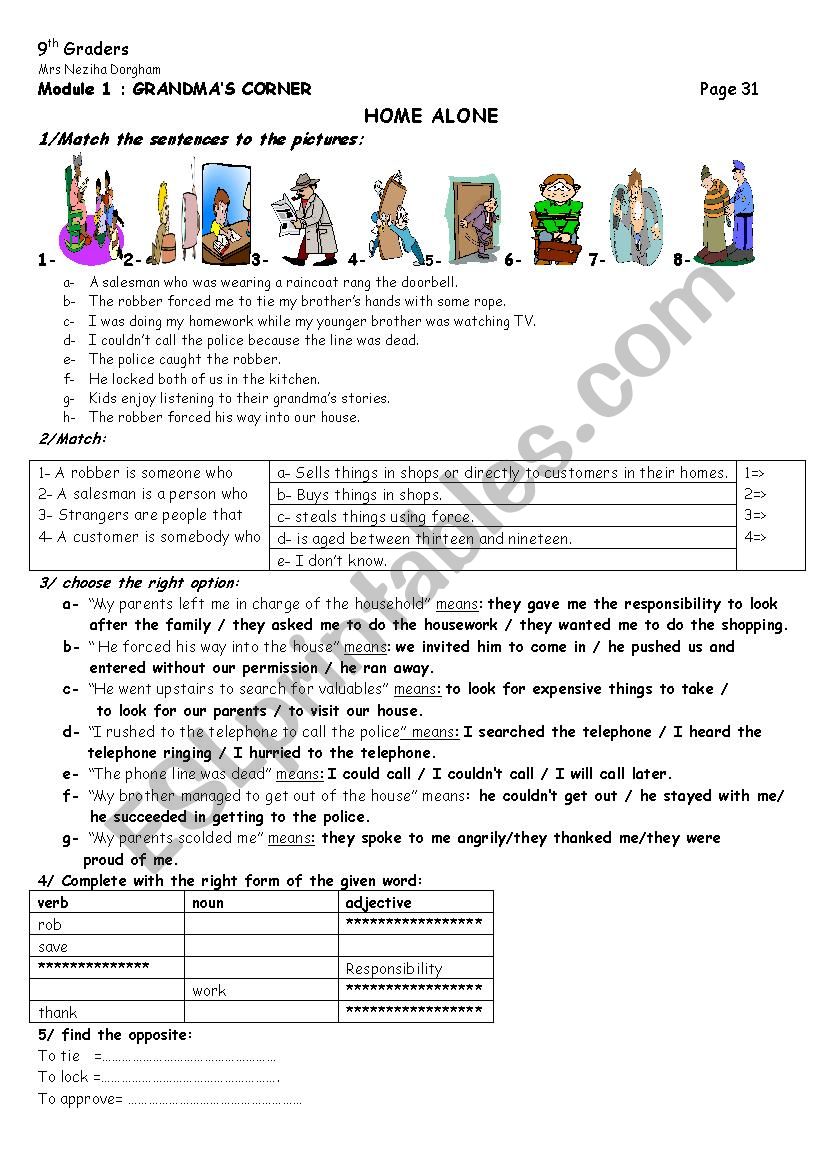 grandmas corner; home alone worksheet