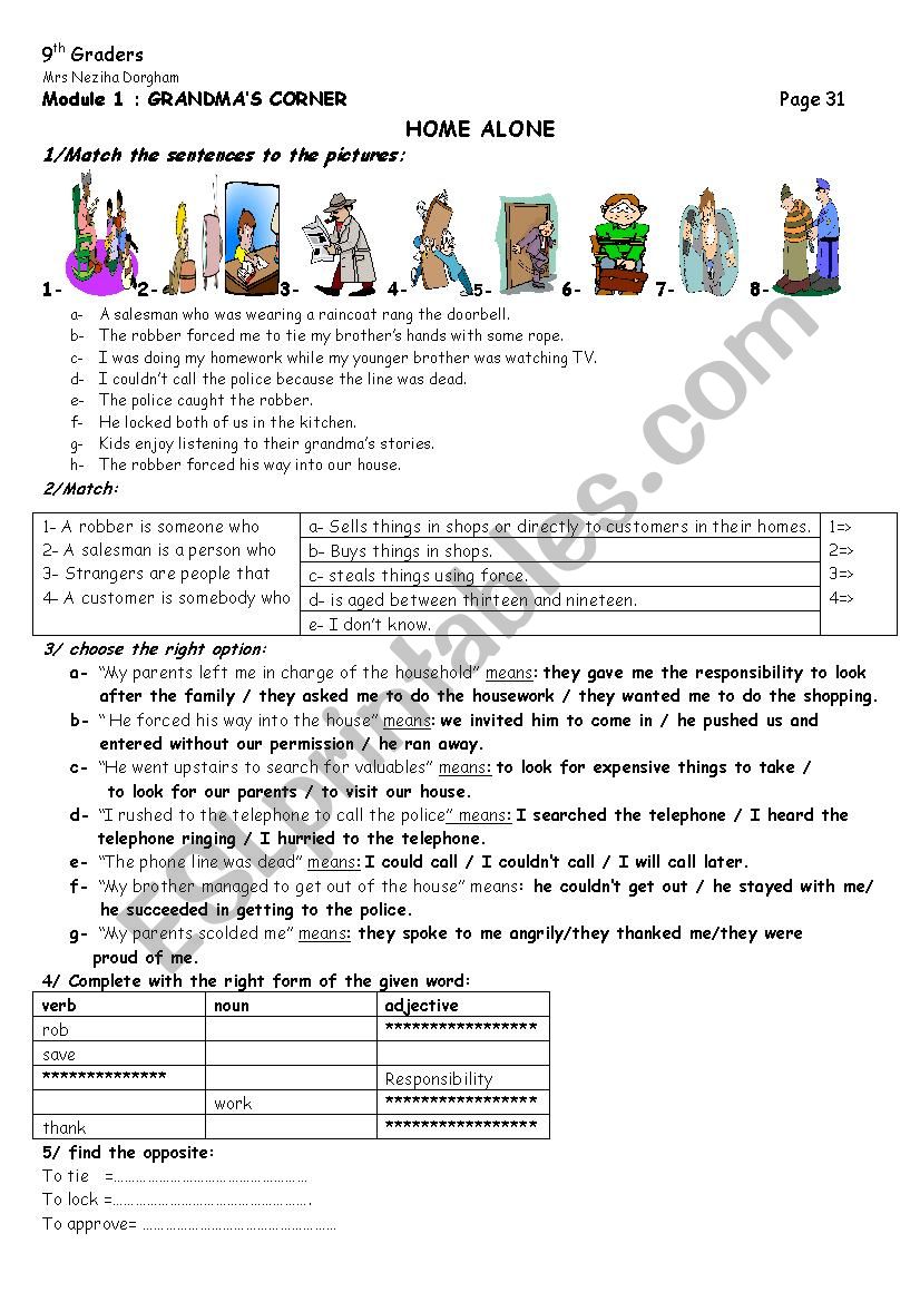 grandmaÂ´s corner; home alone worksheet