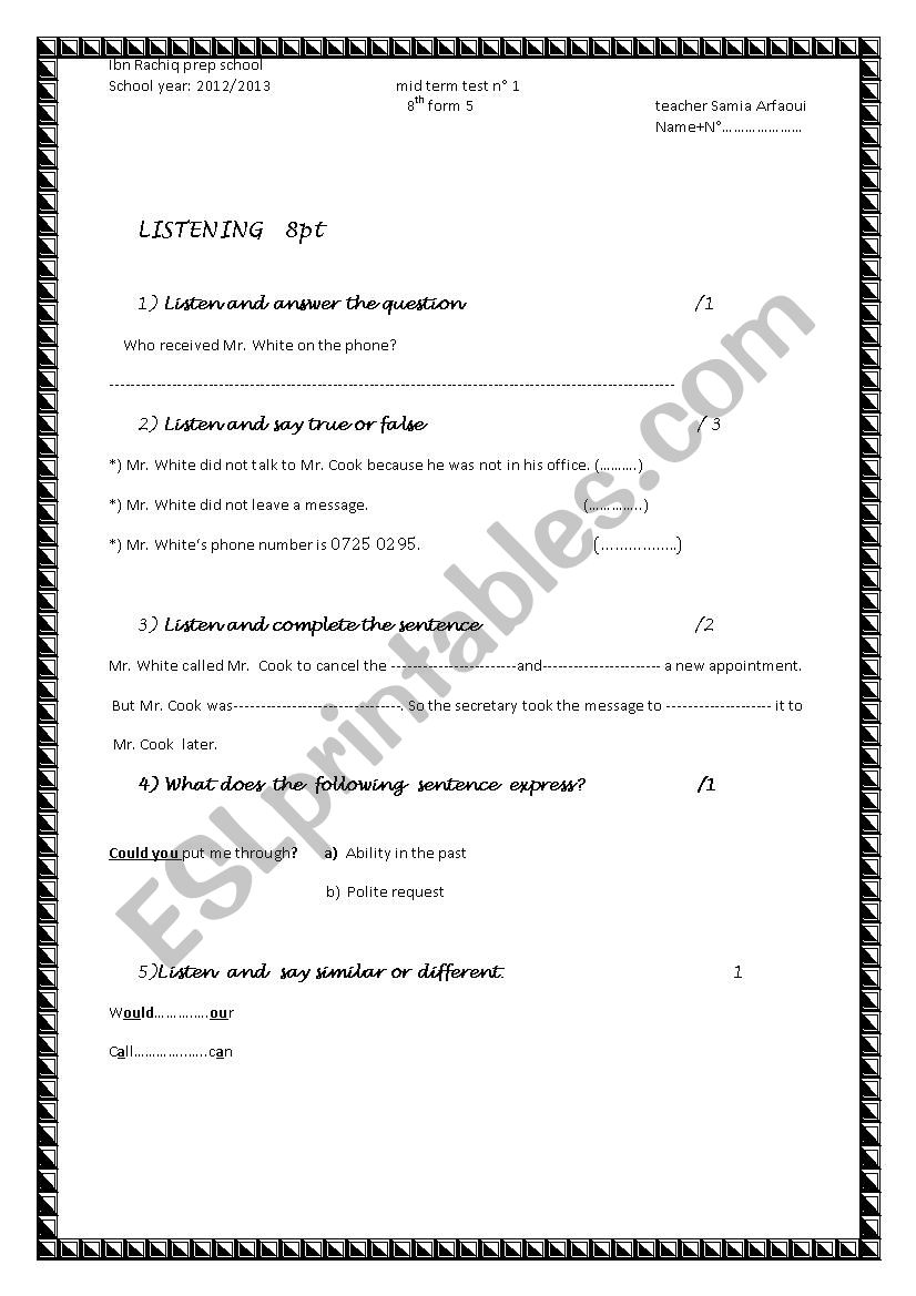 8th form test worksheet