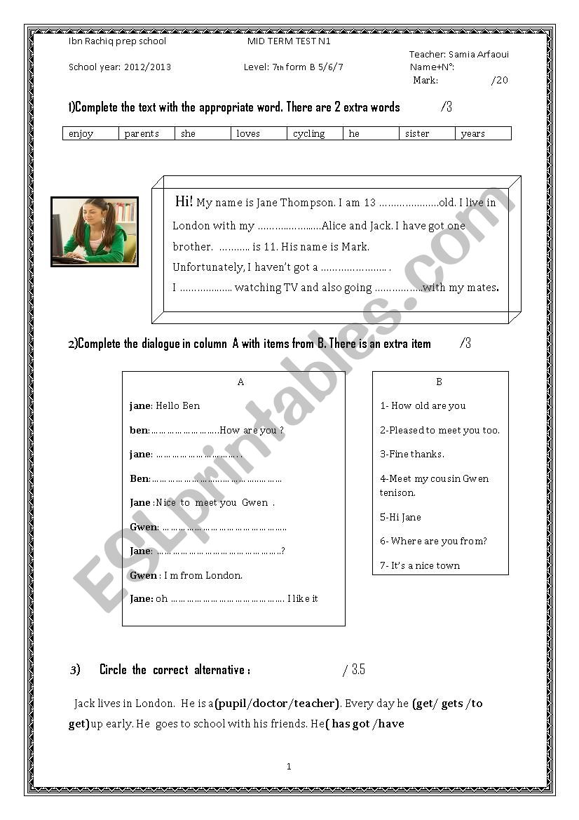 7th form test worksheet