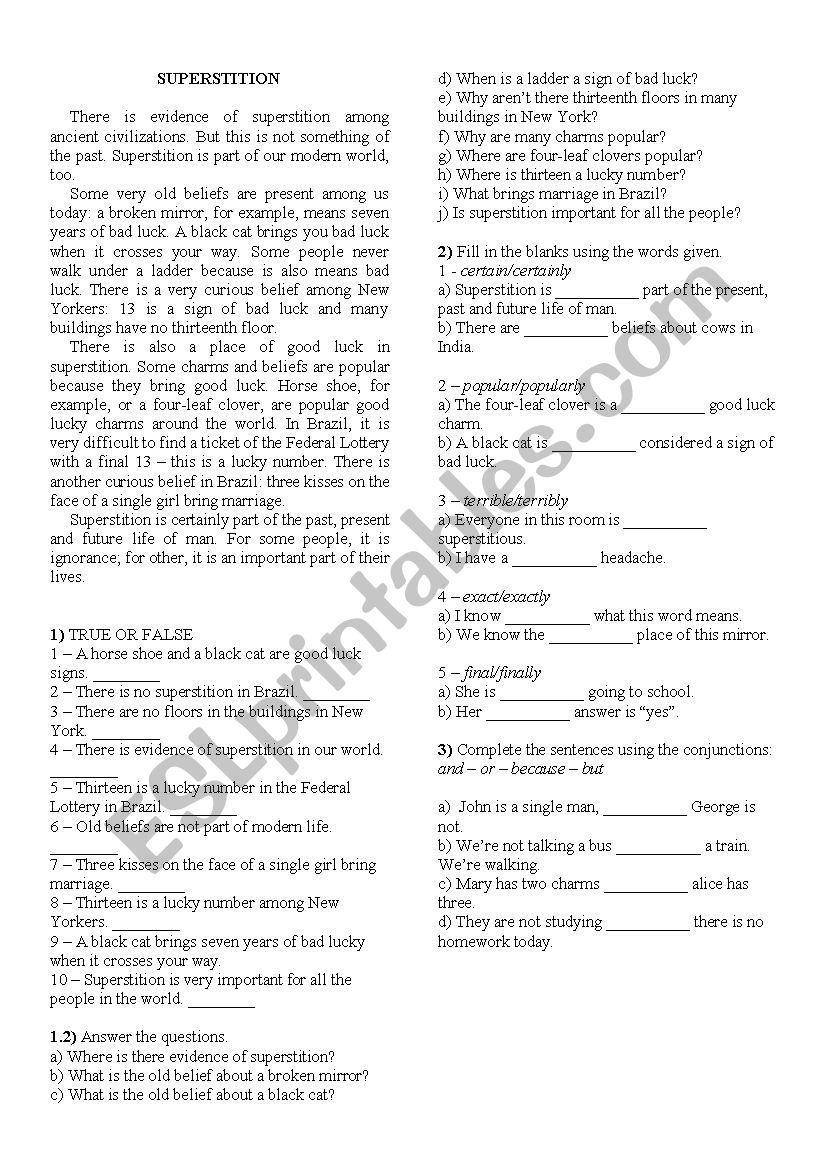 SUPERSTITION worksheet