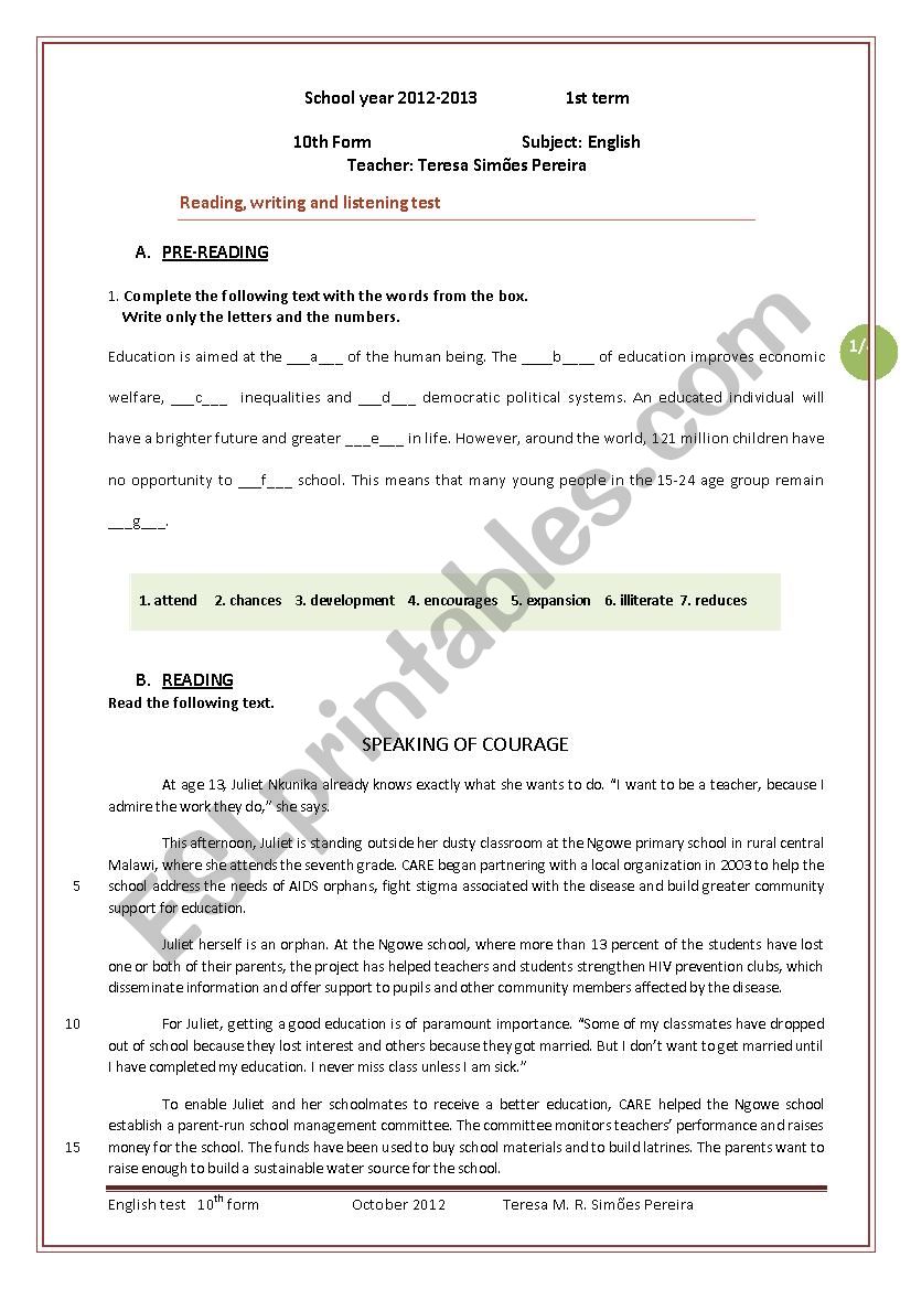 English test  - 10th form worksheet