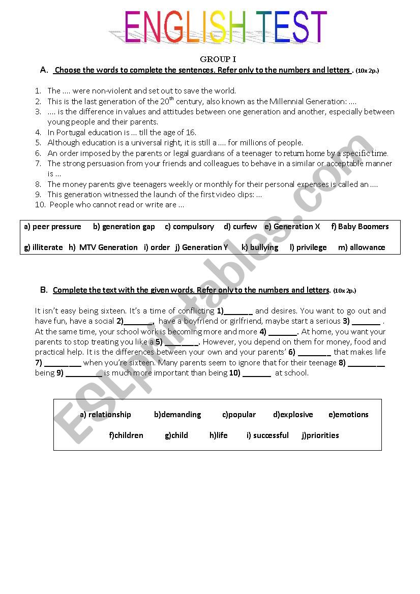 Generation Gap - Test worksheet