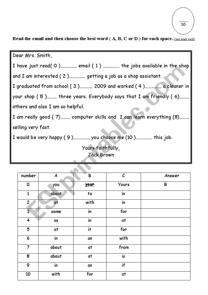 CLOSE TEXT worksheet