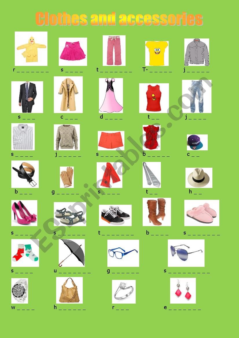 Clothes and accessories worksheet