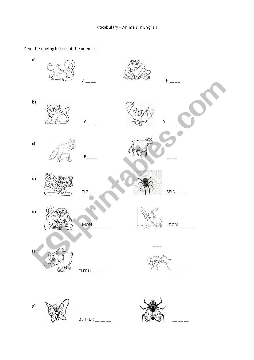 animals in english worksheet