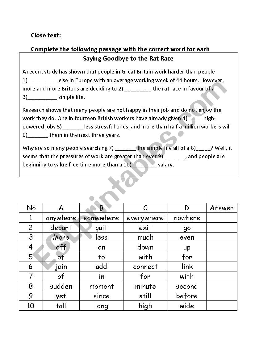 clse text worksheet