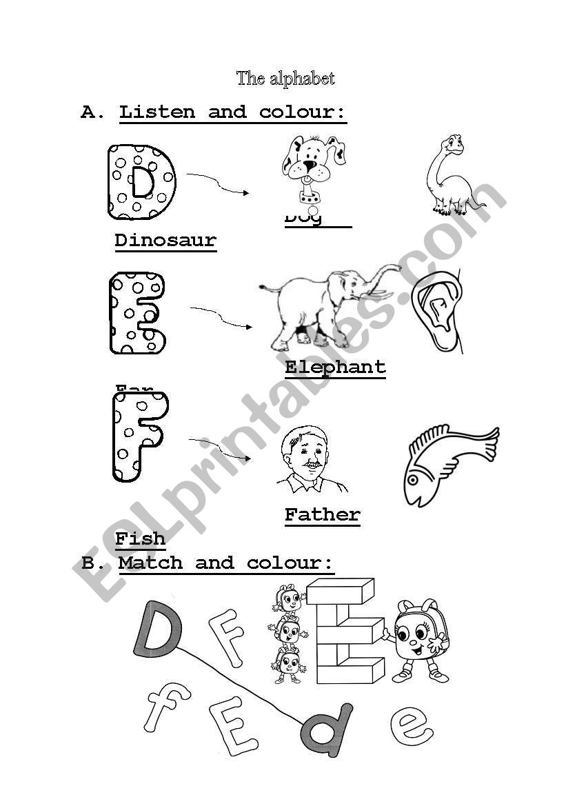 The alphabet  D-E-F worksheet