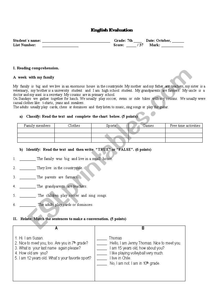 Test 7th Grade worksheet