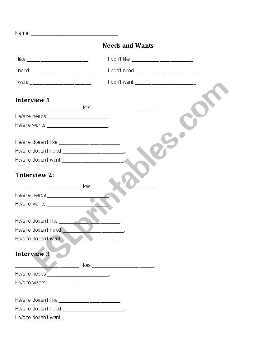 Likes, Needs, and Wants worksheet