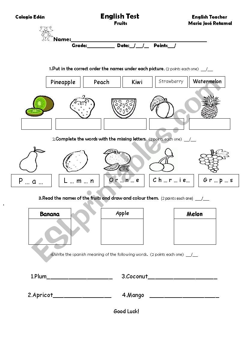 Fruits Test worksheet