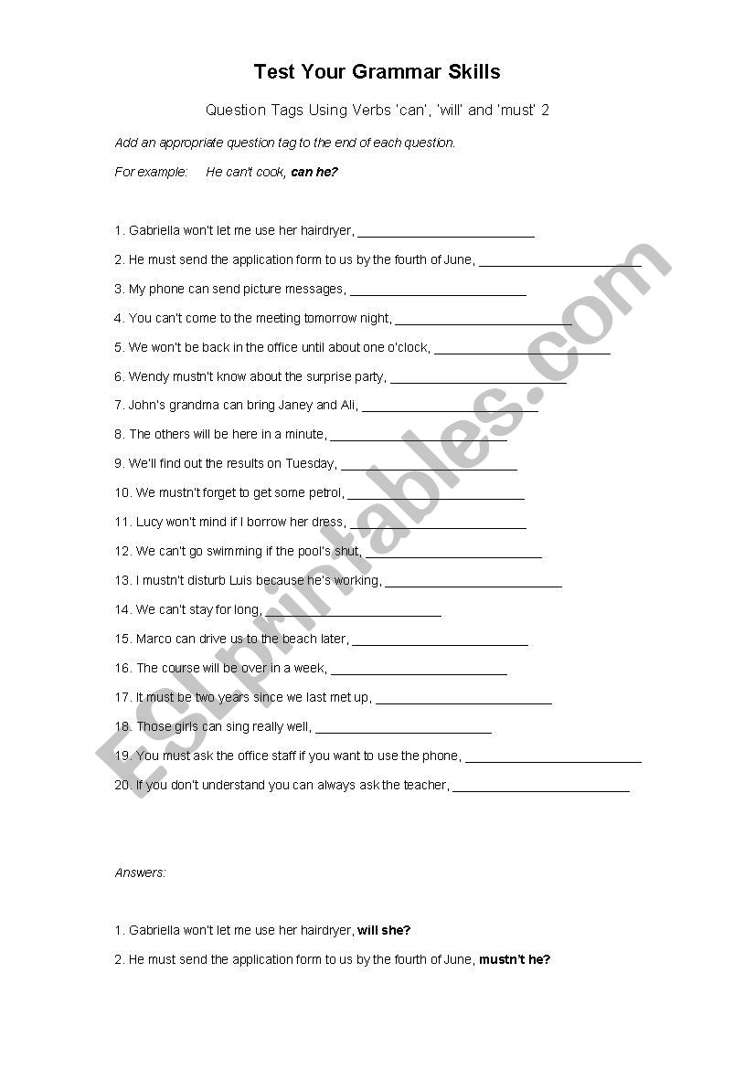 quetion tags worksheet