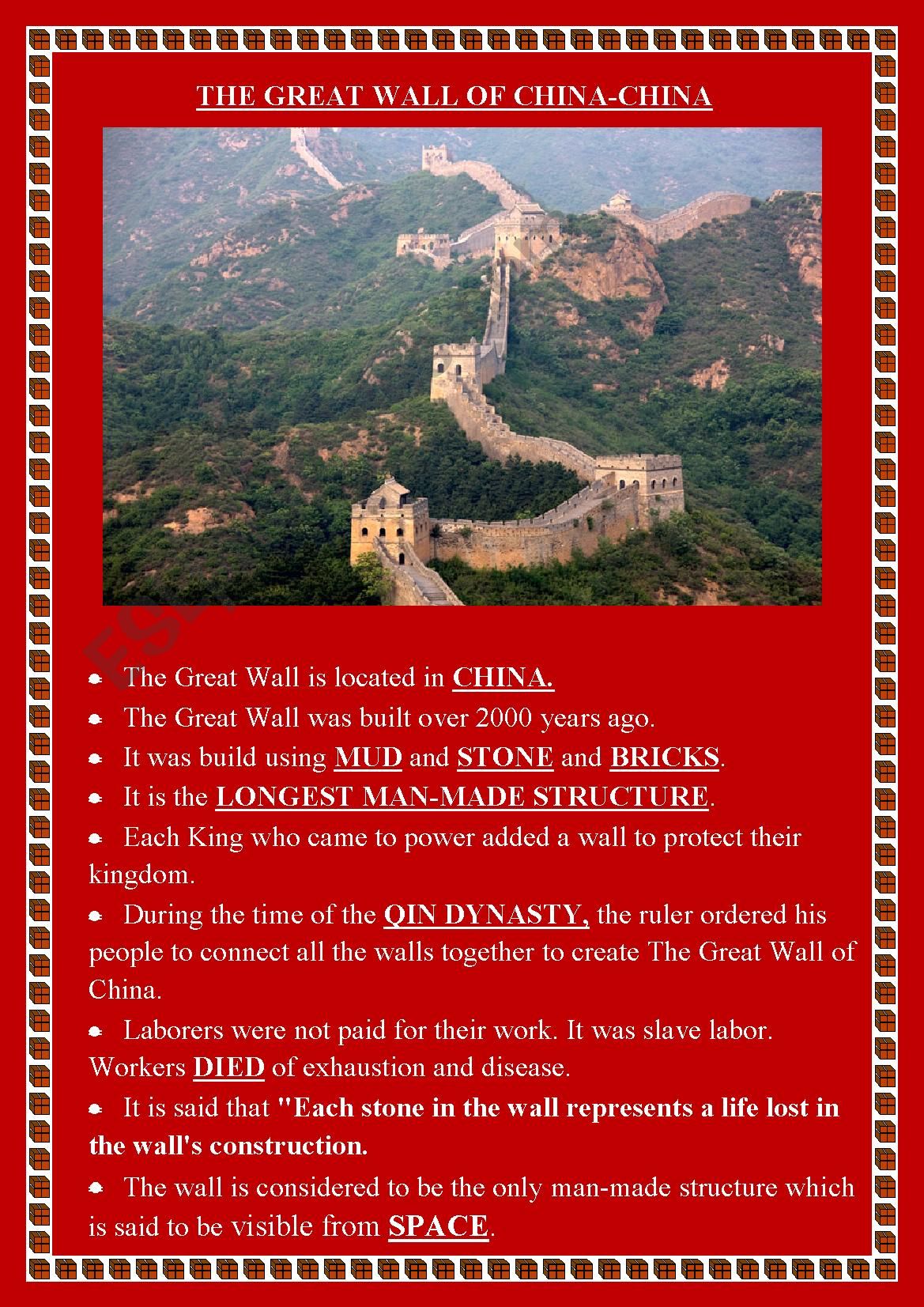 great wall of china worksheet