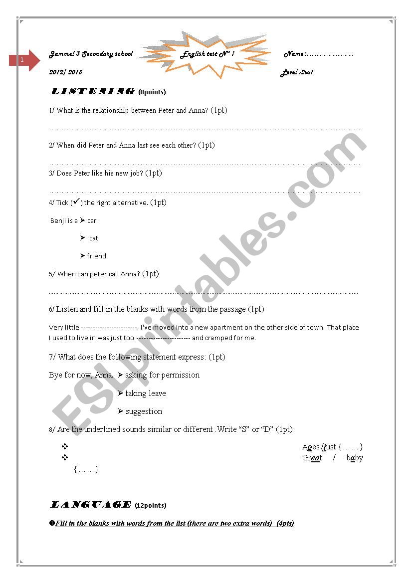 first term test  worksheet